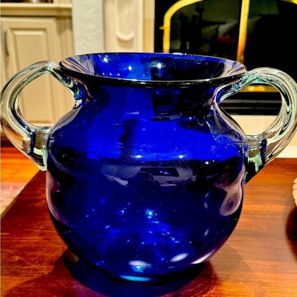 Large Hand Blown Round Cobalt Blue Glass Vase with Clear Handles Beautiful! - Picture 1 of 8